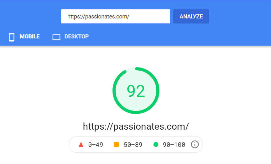 Passionate website mobile result for Google PageSpeed Insights
