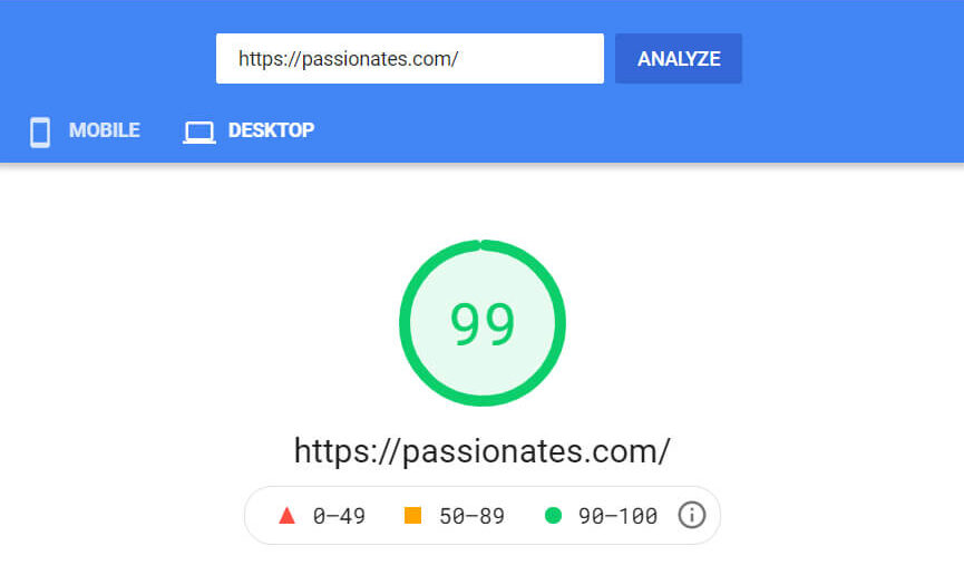 Passionate website desktopresult for Google PageSpeed Insights