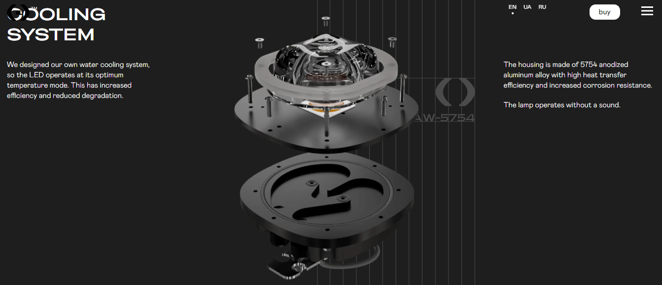 Website screenshot with black background and image of mechanical instrument