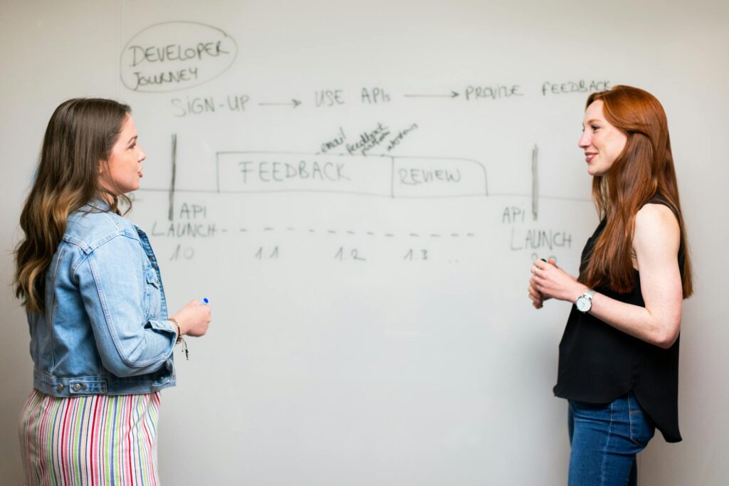 Two women discussing Brand Guidelines Consistency in front of a white board